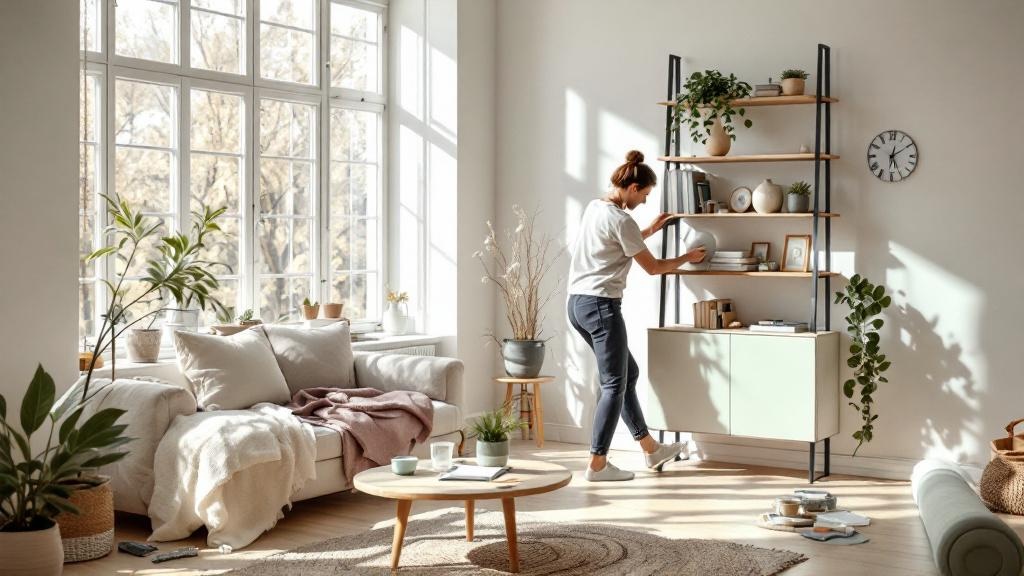 Wide view of a sunlit living room where an adult arranges a freshly painted vase on a reorganized shelf, with subtle DIY supplies nearby.