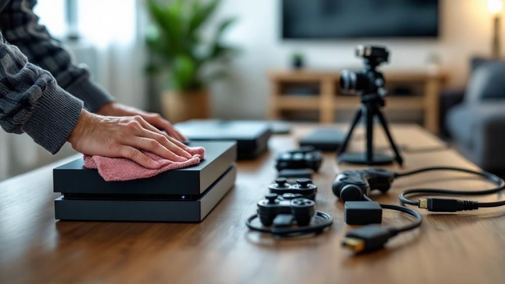 Low-angle view of hands cleaning a video game console on a table, with controllers, cables, and a camera arranged neatly for trade-in prep.
