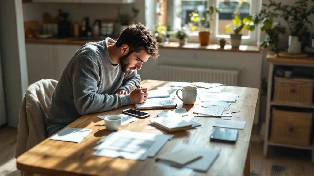 Wide view of a person at a kitchen table organizing bills and payments, surrounded by papers, laptop, and a phone in soft natural light.