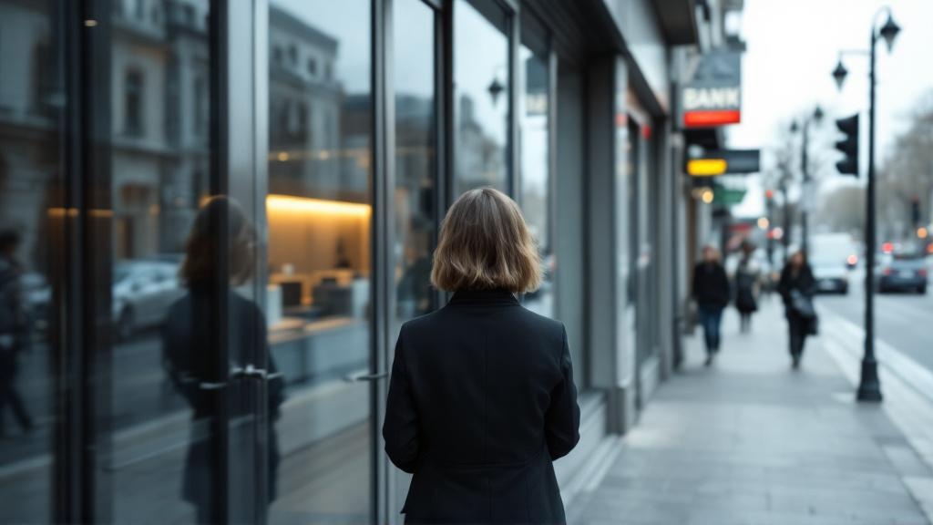 Person standing outside a dark, closed bank branch, reflected in the glass doors with the empty interior visible behind them on a gray day.