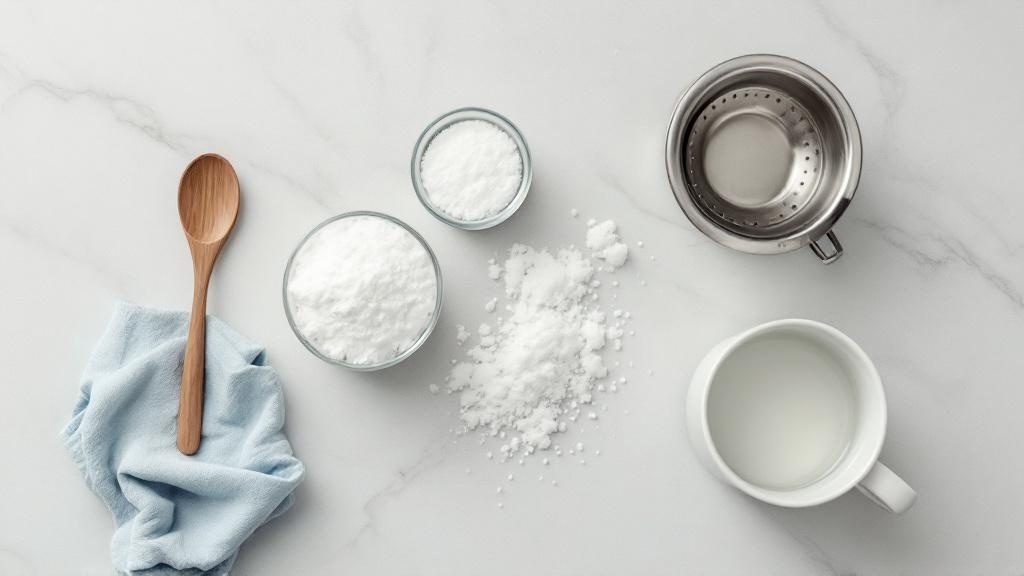 Overhead view of baking soda, salt, vinegar, hot water, and a sink strainer arranged neatly on a light kitchen countertop.