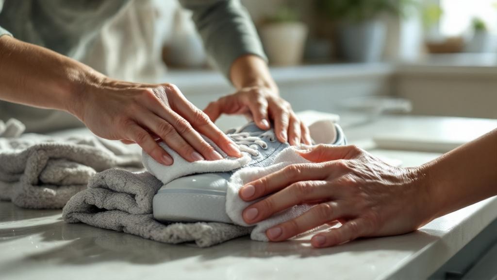 Close-up of a parent cleaning a kids’ sneaker on a kitchen counter with a cloth and brush, water droplets highlighting the shoe’s texture.