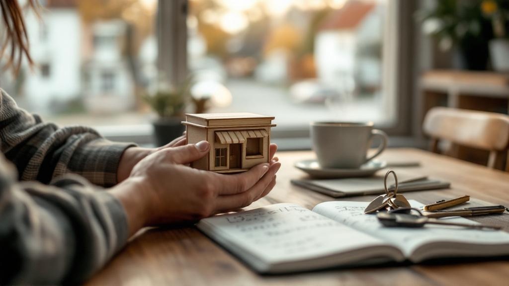 Close-up of an aspiring small-town entrepreneur planning the Best Small Business Ideas for Starting Out in a Small Town with a small wooden storefront model on a kitchen table with a notebook, keys, and coffee nearby.