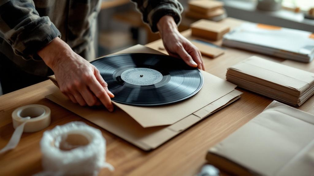 Close-up of hands carefully sliding a vinyl record in its sleeve into a sturdy cardboard mailer surrounded by packing materials on a table.