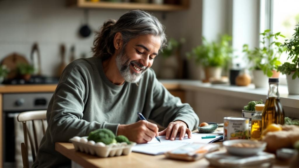 Adult at a small kitchen table planning low-carb meals in a notebook surrounded by simple budget-friendly ingredients in a softly lit home kitchen.