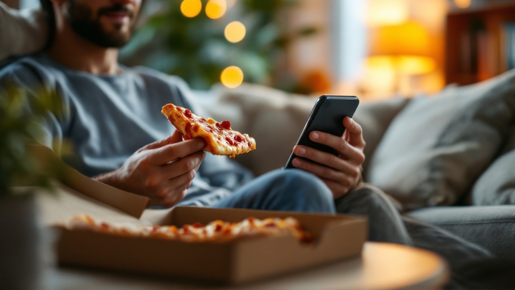 Close-up of a person on a sofa holding a slice of pizza and a smartphone, with a pizza box on the table and a softly blurred living room behind.