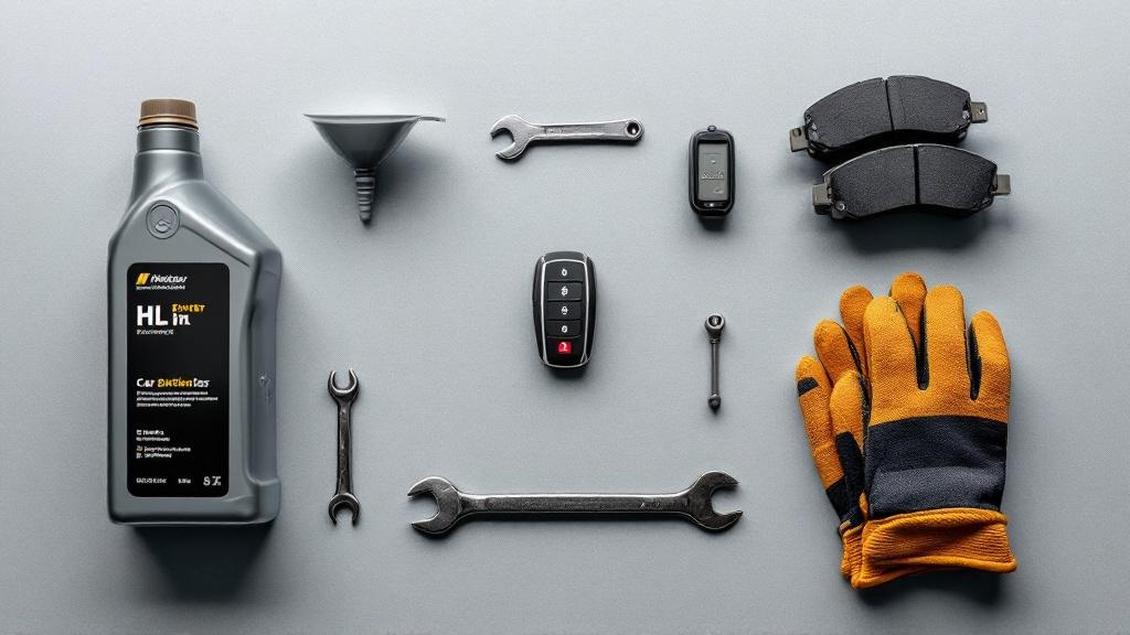 Overhead flat-lay of essential car maintenance items—oil, brake pads, tire gauge, tools, and gloves—neatly arranged on a neutral work surface.