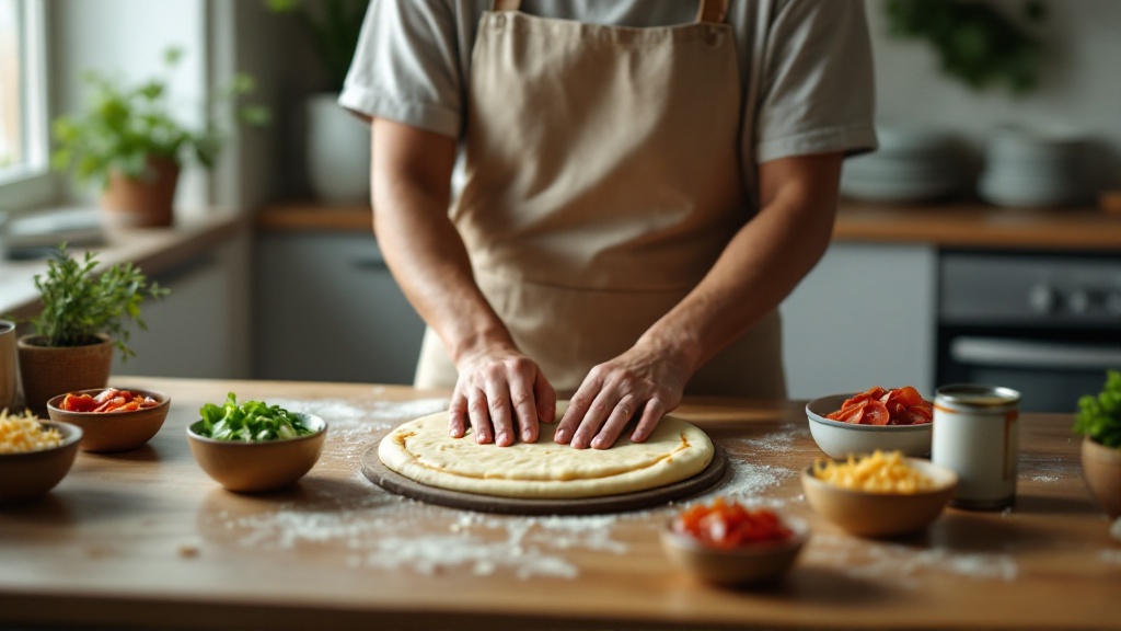 Adult shaping pizza dough at a wooden kitchen counter, surrounded by small bowls of simple toppings in a softly lit, modest home kitchen.