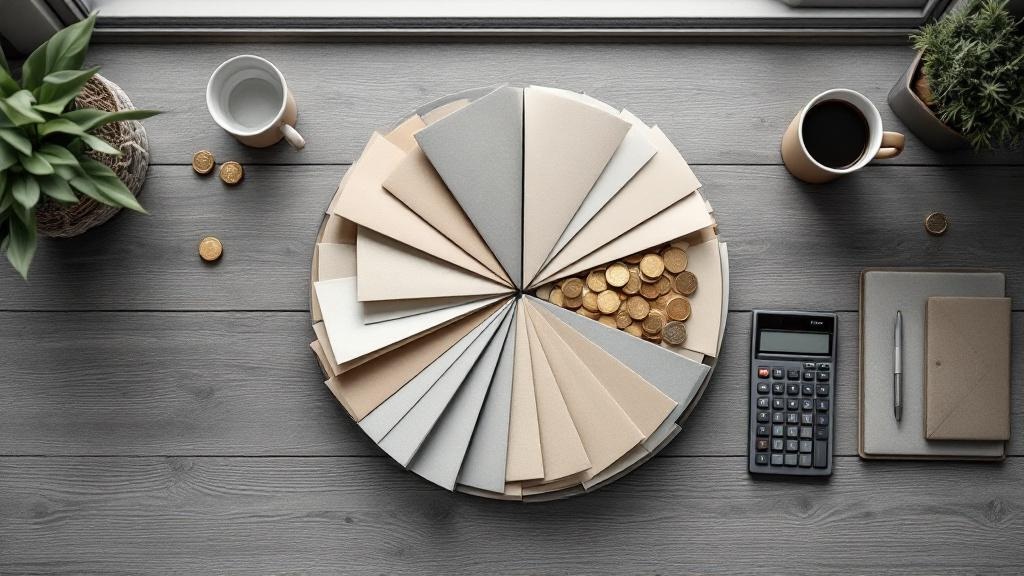 Overhead flat-lay of a wooden desk where papers, gold-toned coins, and a small wedge of silver coins symbolically form a balanced investment portfolio.