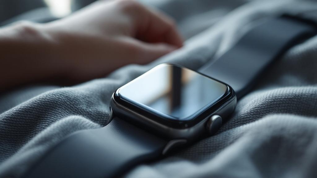 Macro view of a smartwatch resting on soft fabric with a faint window reflection and a relaxed hand softly blurred nearby.