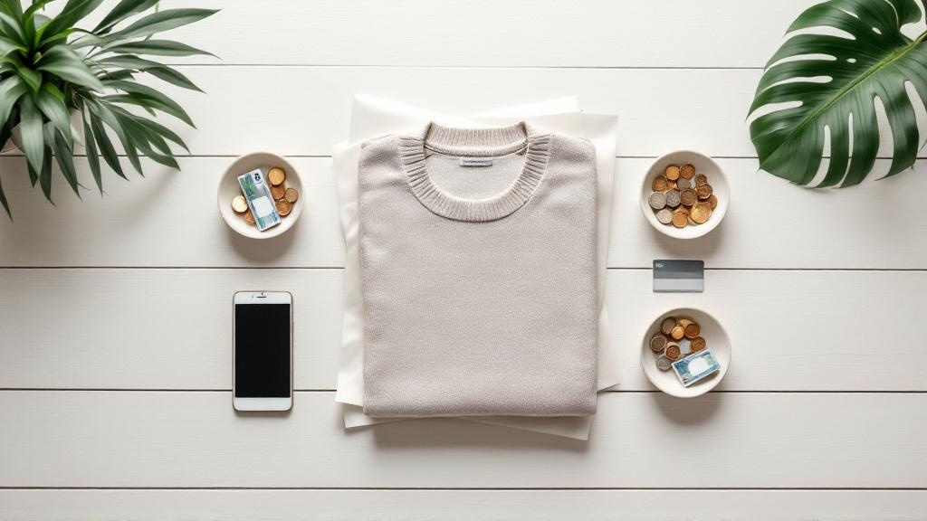 Overhead flat-lay of a folded sweater surrounded by four small dishes of money on a wooden table, symbolizing structured installment payments, Buy Now, Pay Later: What You Need to Know Before You Use It concept.