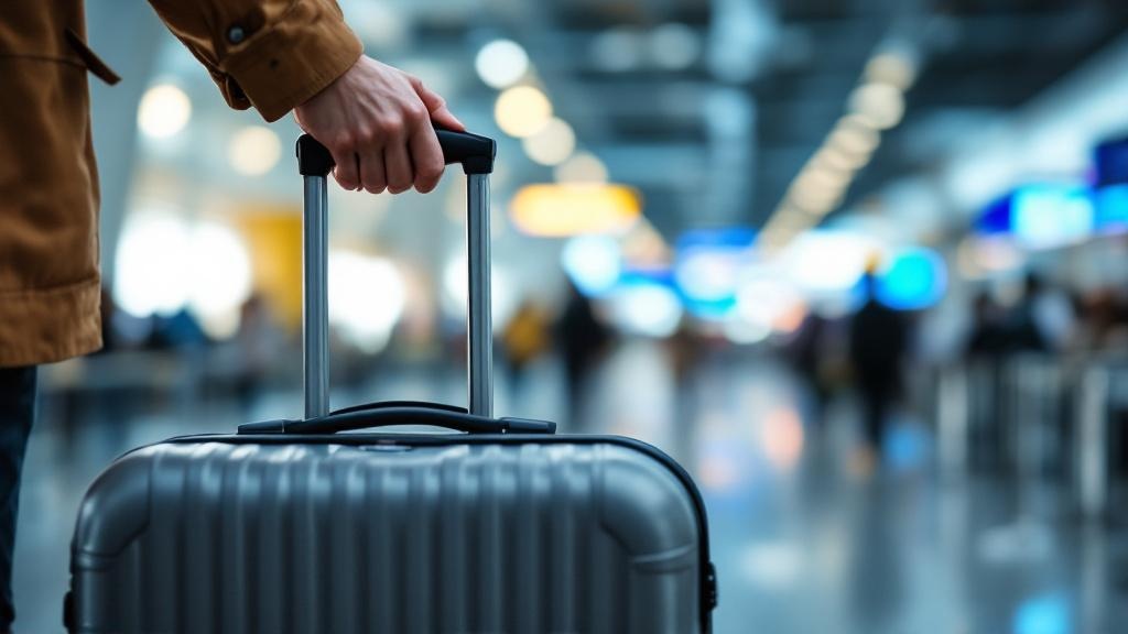 Close-up of a hand lifting a compact suitcase with a handheld luggage scale in an airport, with check-in counters and passengers softly blurred in the background.