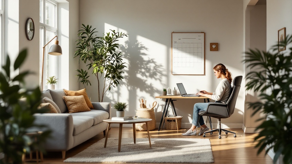 Wide view of a calm living room with a small home office corner, showing an adult working at a laptop amid a balanced, organized space.