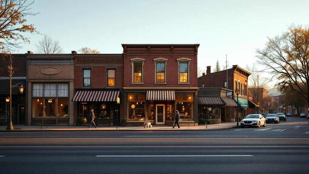 Wide view of a small-town main street at sunrise with brick storefronts, a vacant shop with a blank sign, and a calm, hopeful atmosphere.