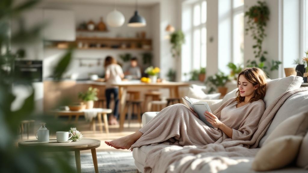 Wide view of a relaxed mom reading on a sofa while her partner and kid cook and tidy in a soft-focus background open kitchen, representing the top 10 mother's day gift ideas in action.