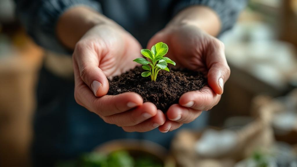 Macro photo of a hand holding vegetable seeds above a pot of dark soil, with a softly blurred grocery receipt in the background.