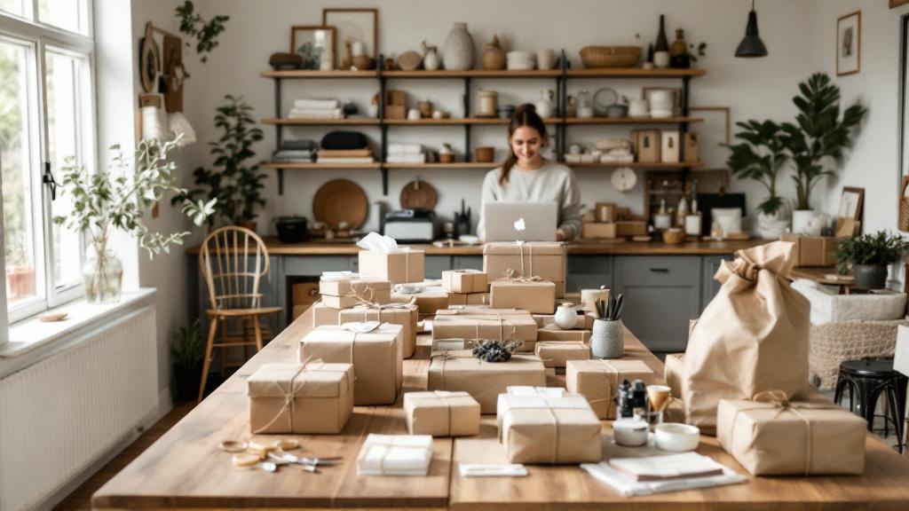 Wide view of a home packing station with several wrapped parcels, handmade and vintage items on shelves, and a seller checking orders on a laptop.