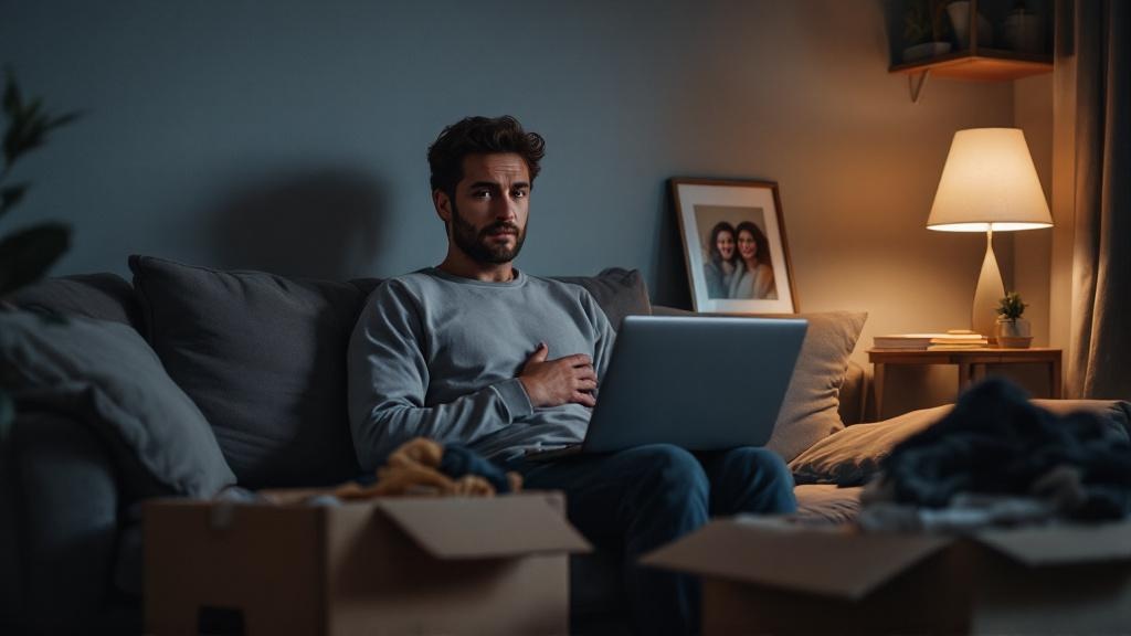 Adult sits on a sofa in a half-unpacked living room at night, hand over chest and laptop in lap, looking worried amid moving boxes.