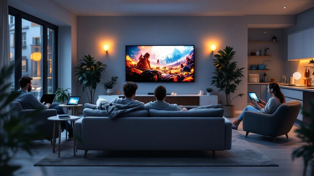 Wide view of a modern open-plan living room where several adults watch movies on a TV, laptop, and tablet in different cozy seating areas.