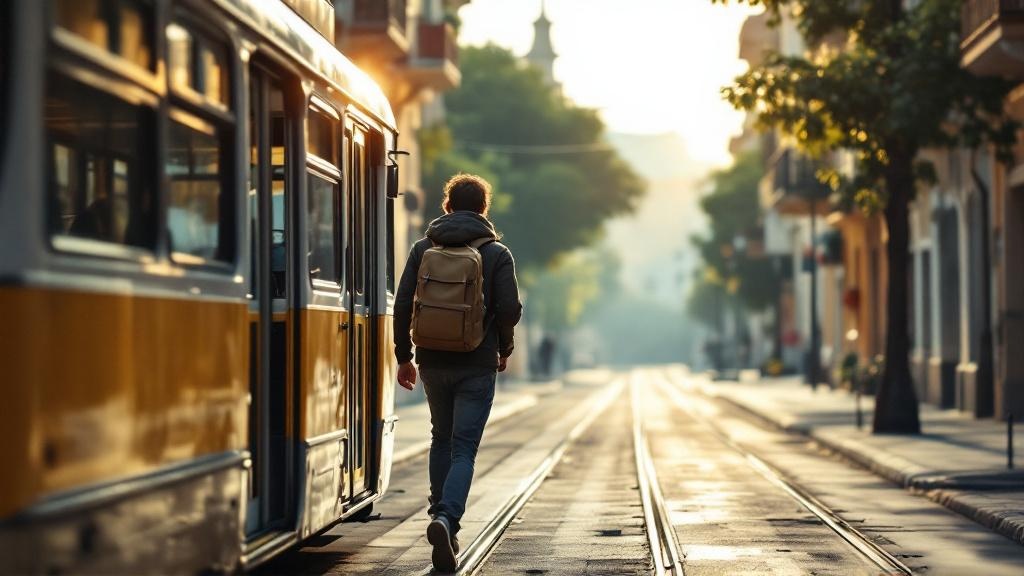 Wide street scene of a backpacked traveler stepping onto a city tram in a modest, charming neighborhood, emphasizing local public transport for budget travel.
