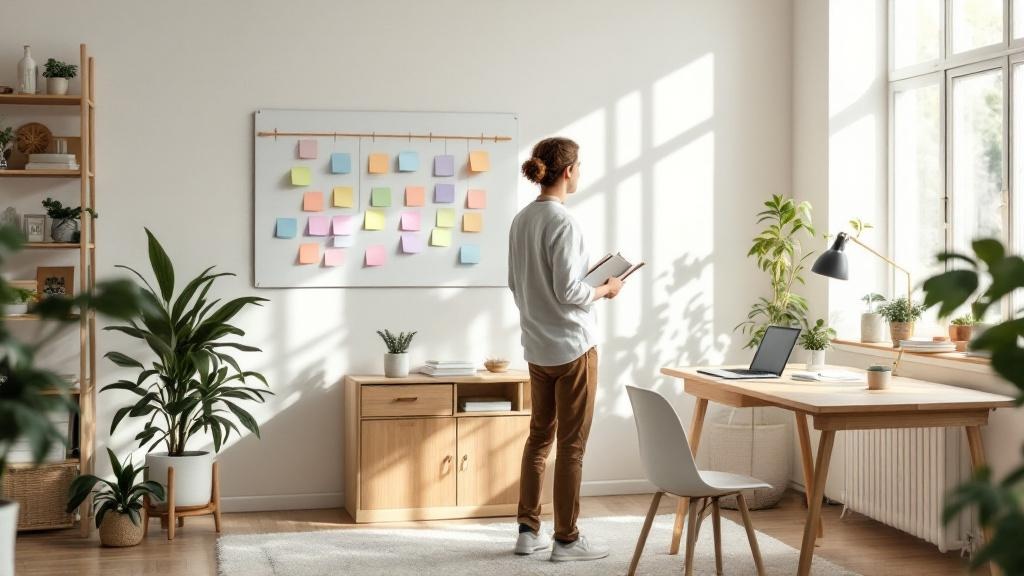 Wide view of a minimalist home office where an adult reviews a wall of pastel sticky notes, symbolizing an organized repayment plan.