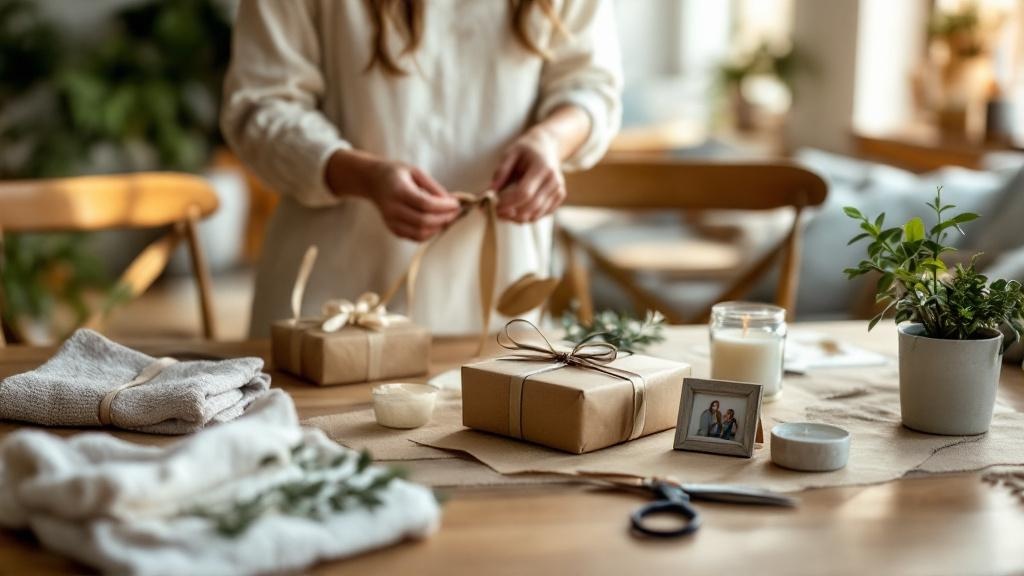 Wide view of a person wrapping several small, cozy wedding gifts on a wooden dining table in a softly lit apartment, conveying stylish yet affordable Wedding Gifts On A Budget.