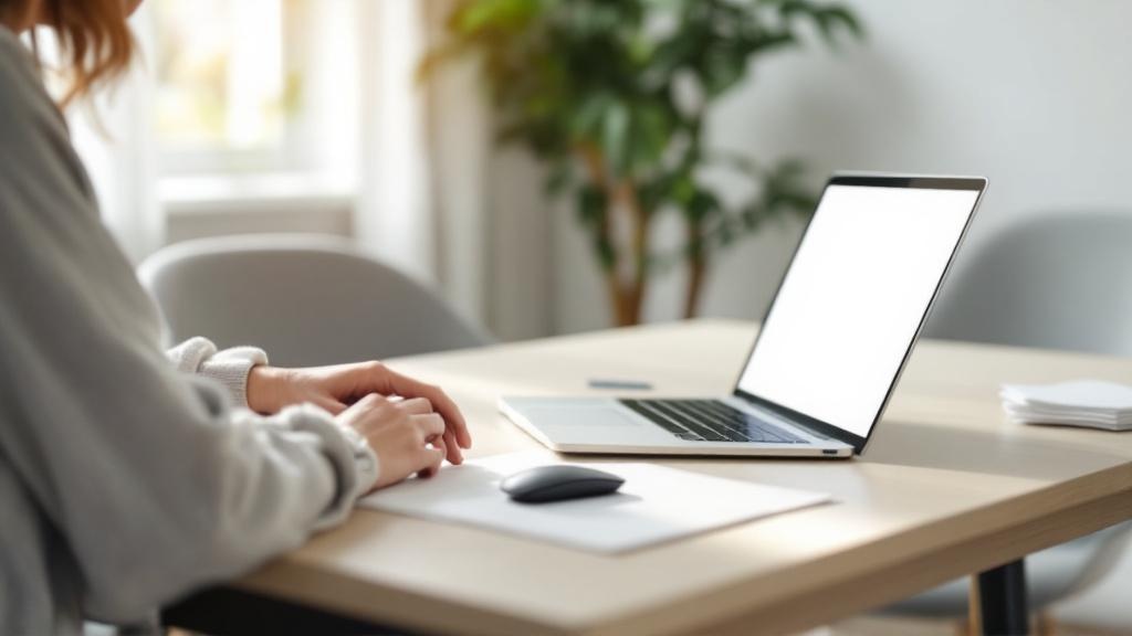Person at a dining table hesitating over an online checkout on a laptop, with cards and receipts nearby in a softly lit modern apartment.