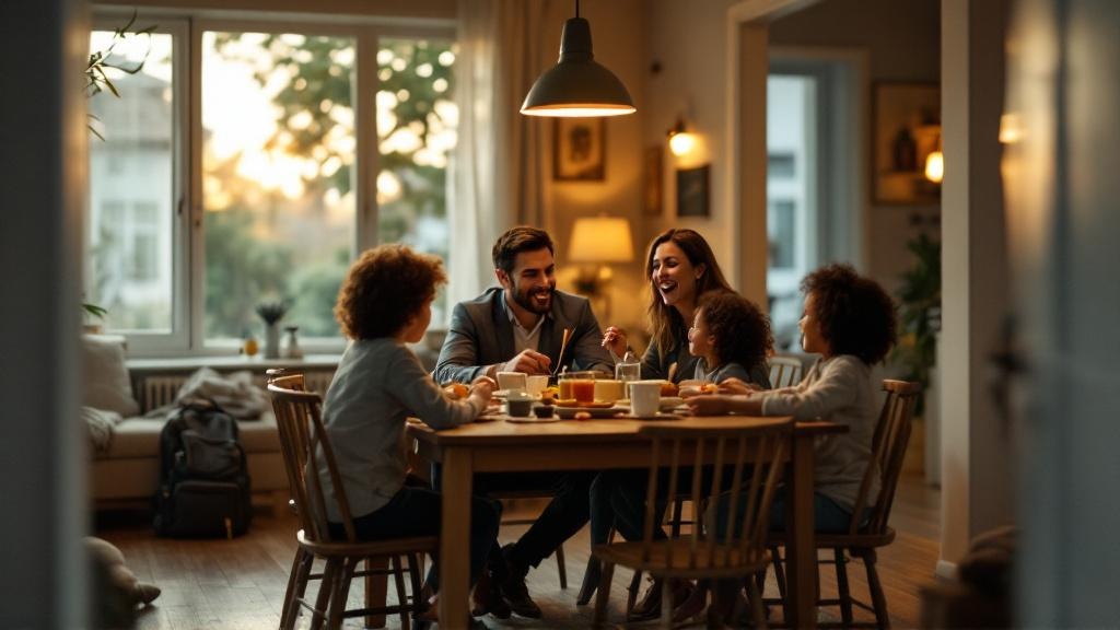 Wide view of a working parent sharing a warm evening meal and laughter with kids around a small dining table in a cozy home.