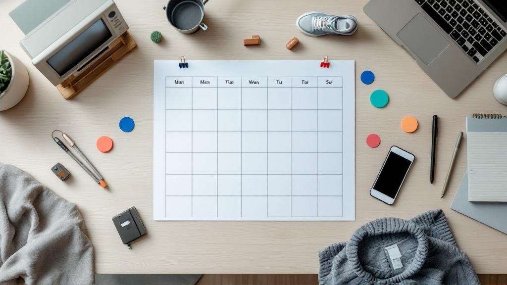 Overhead view of a minimalist calendar on a wooden table surrounded by tiny objects like a TV, sneaker, saucepan, and suitcase, symbolizing yearly shopping plans for the best sale of the year.