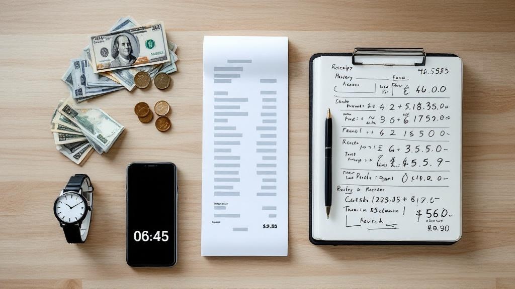 Overhead view of receipts, cash, coins, a smartphone timer, and a notebook on a wooden table, symbolizing the real costs of mystery shopping.