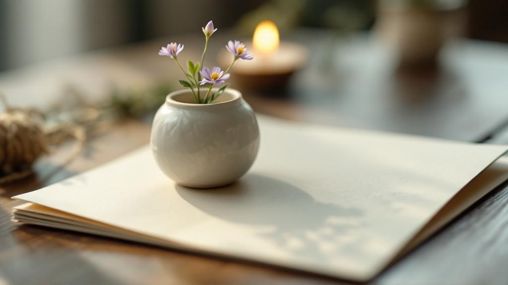 Macro view of a simple folded card and tiny wildflower in a ceramic bud vase on a wooden table, symbolizing a heartfelt, almost-free wedding gift gesture.