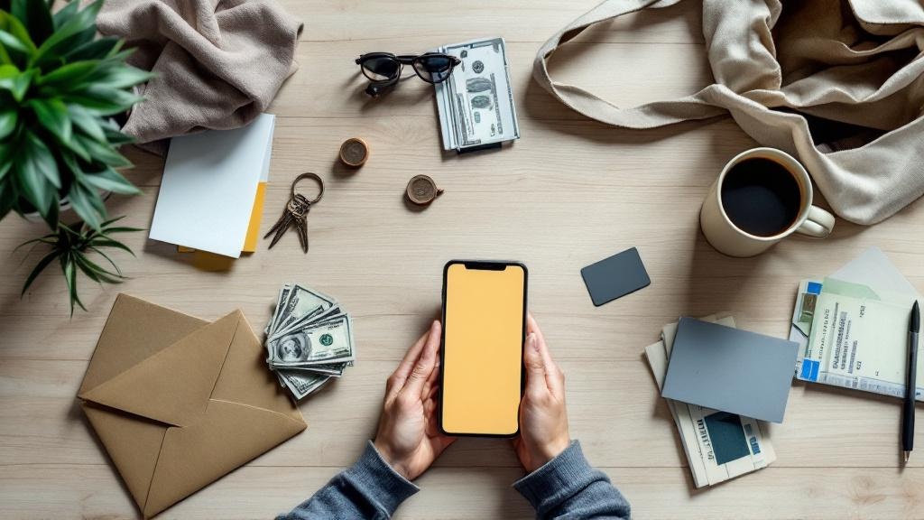 Overhead view of a kitchen table with a phone, card, cash, and scattered bills arranged in a calm, organized flat-lay scene.