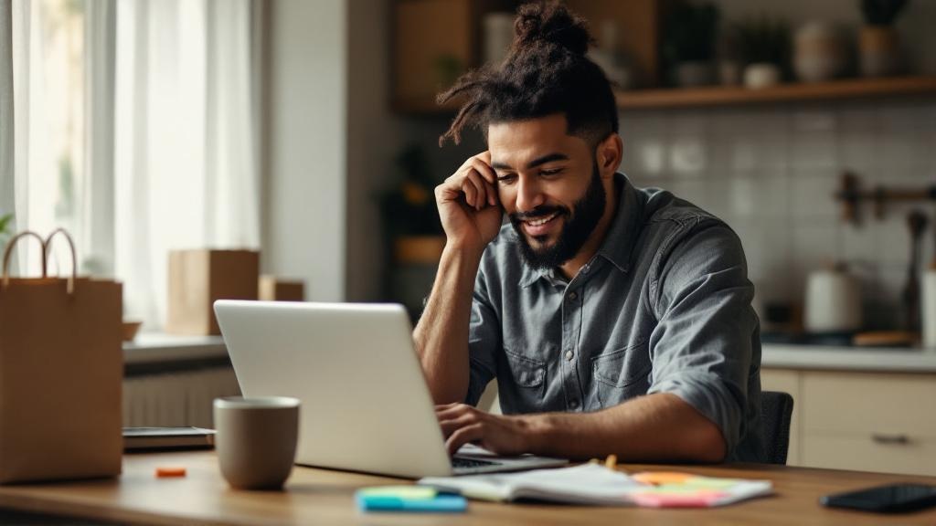 A shopper at a bright kitchen table planning purchases on a laptop, surrounded by notes, a calendar, and soft-focus shopping bags in a calm, muted-toned scene.