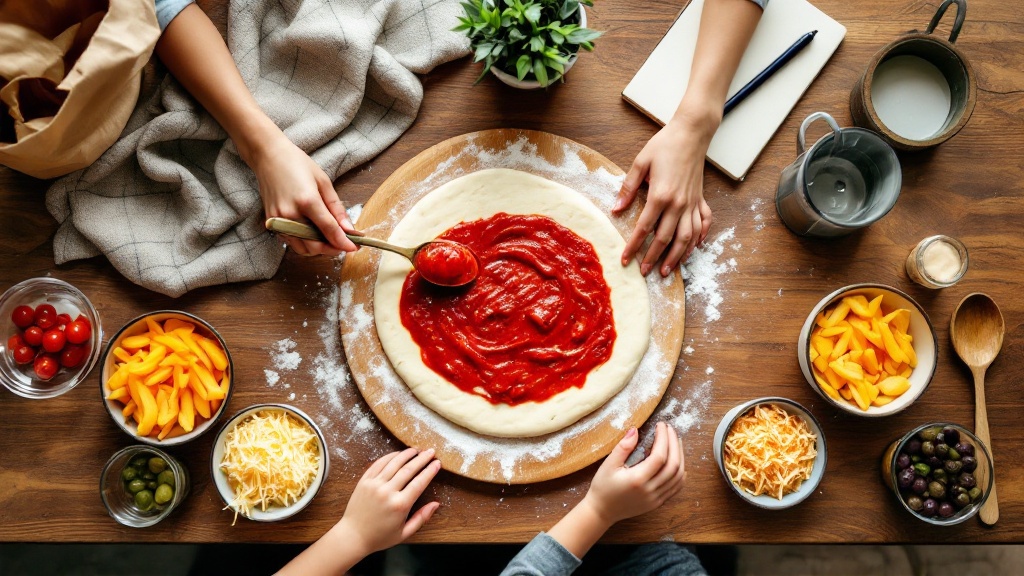 Overhead view of a kitchen table where a parent and kid assemble a simple homemade pizza with basic toppings.