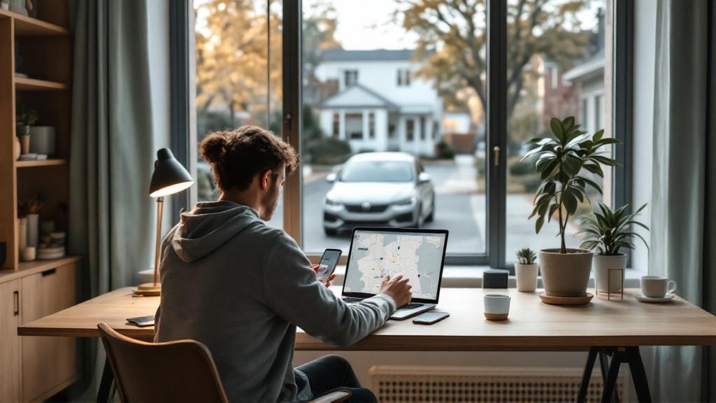 Wide view of a modern home office where a person plans a drive on a laptop and phone with a car visible outside the window.