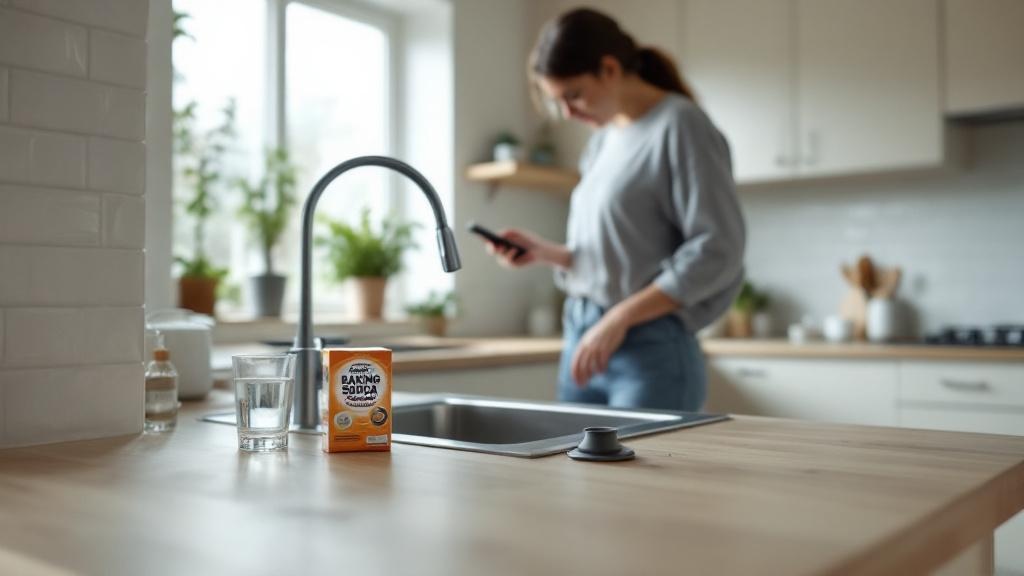Low-angle view of a person standing by a kitchen sink with natural drain-cleaning items and a phone in hand, considering next steps.