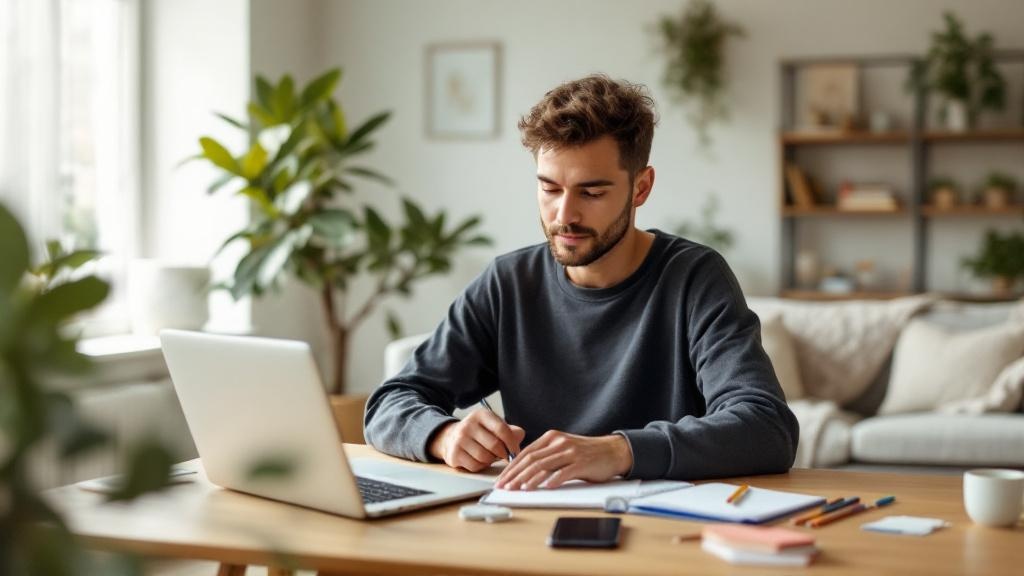 Adult sitting at a small home desk with notebook and creative supplies, phone set aside, in a softly lit modern living room, looking thoughtfully at a blank page.