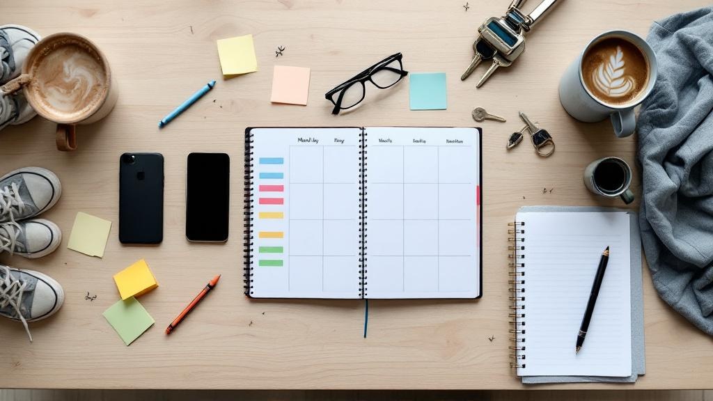 Overhead view of a family planner on a wooden table surrounded by notes, keys, a mug, and kids’ shoes, symbolizing shared household planning.
