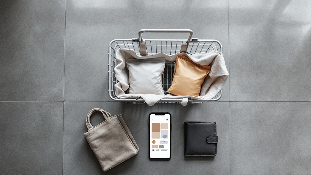 Overhead view of a shopping basket with two similar products and a smartphone beside it, symbolizing in-store price comparison during a sale.