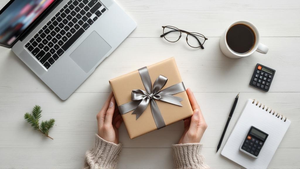 Overhead flat-lay of a minimalist Black Friday gift planning scene with a single wrapped present, laptop, notepad, calculator, and coffee on a wooden table.