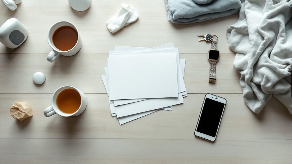 Overhead view of a kitchen table with appointment papers, watch, fitness tracker, tea, tissue, keys, phone, and baby monitor arranged in a calm flat-lay.