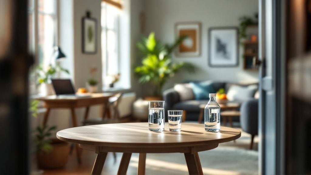 Wide view of a small apartment with a water pitcher on the table, glasses on side surfaces, and a bottle on a desk, showing hydration cues across the room.