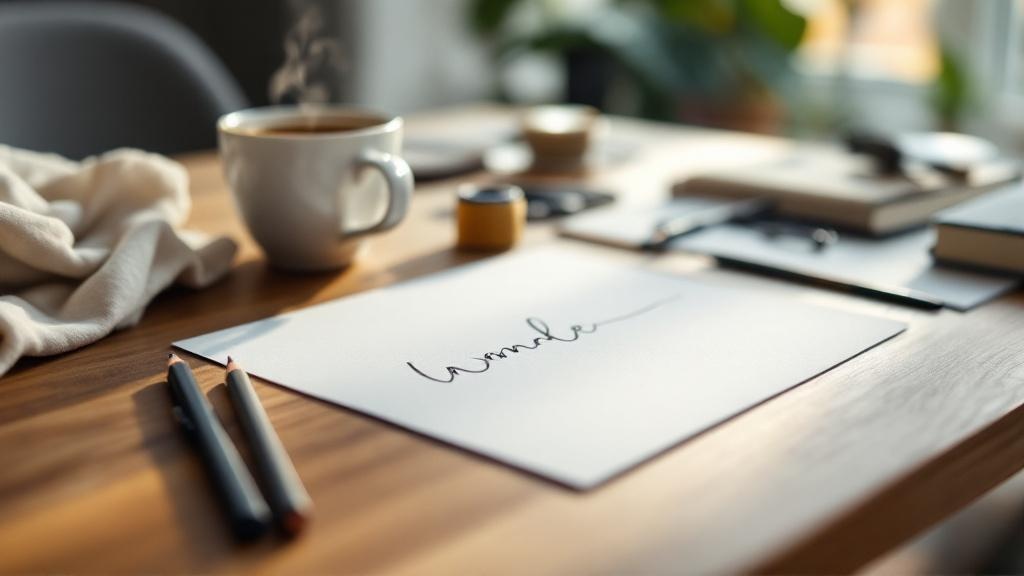 Close-up of a tidy creative workspace with a finished drawing or embroidery, neatly arranged tools, and a cup of tea on a wooden table in soft natural light.