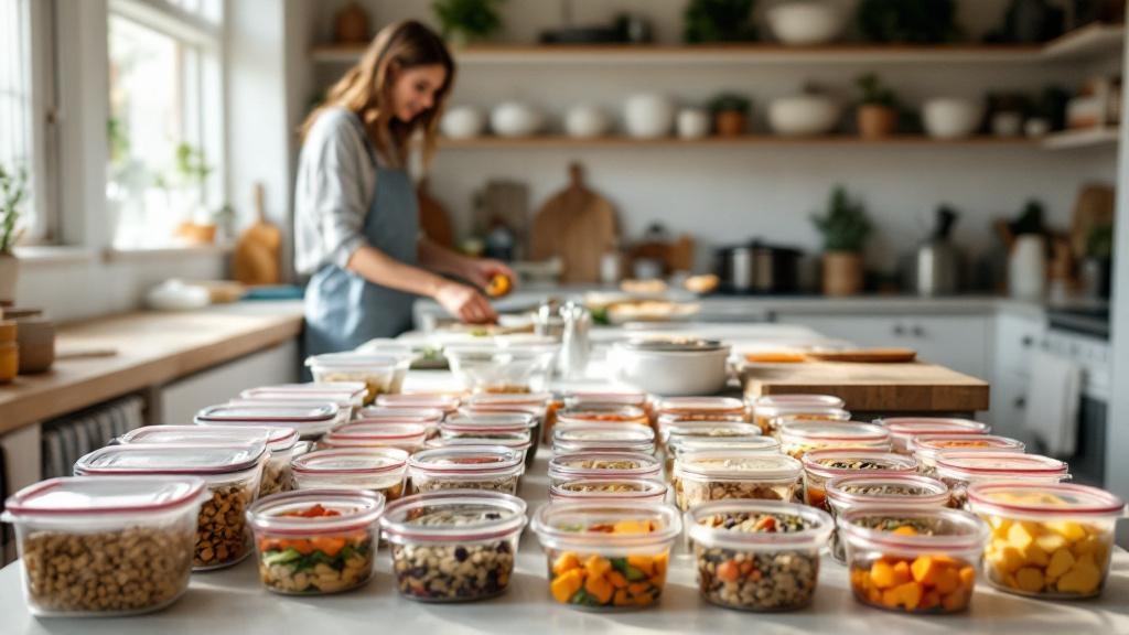 Wide view of a home kitchen counter lined with glass containers and freezer bags filled with colorful vegetarian slow cooker ingredients being portioned for the week.