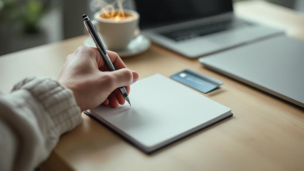 Close-up of a hand holding a pen above a small notepad on a neat desk, with a payment card and laptop arranged calmly nearby.
