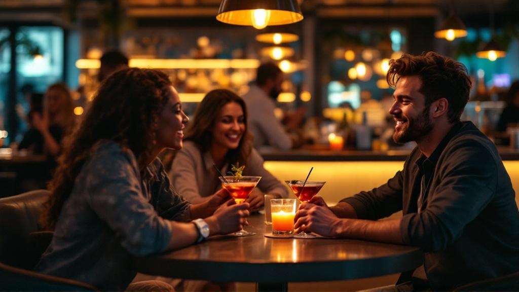 Person at a bar table forces a small smile at their untouched fancy cocktail while friends laugh, warm lights and muted bar background suggesting hidden money anxiety.