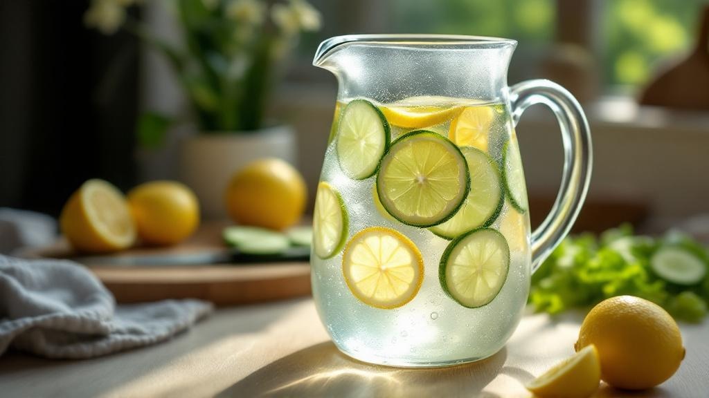 Macro shot of a condensation-covered glass pitcher with lemon, lime, and cucumber slices in water, with blurred water-rich produce in the background, representing Hydration on a Budget: Affordable Ways to Boost Your Daily Intake at home.