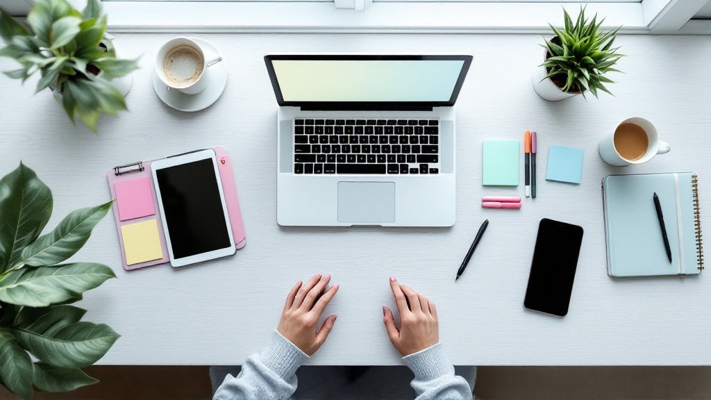 Overhead view of a neatly arranged home workspace with laptop, devices, notebook, and pastel accessories symbolizing an organized remote job search.