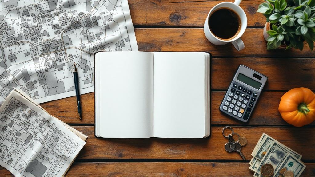 Overhead view of a wooden table with an open notebook, simple town map, calculator, keys, coins, and coffee arranged for small-town business planning.