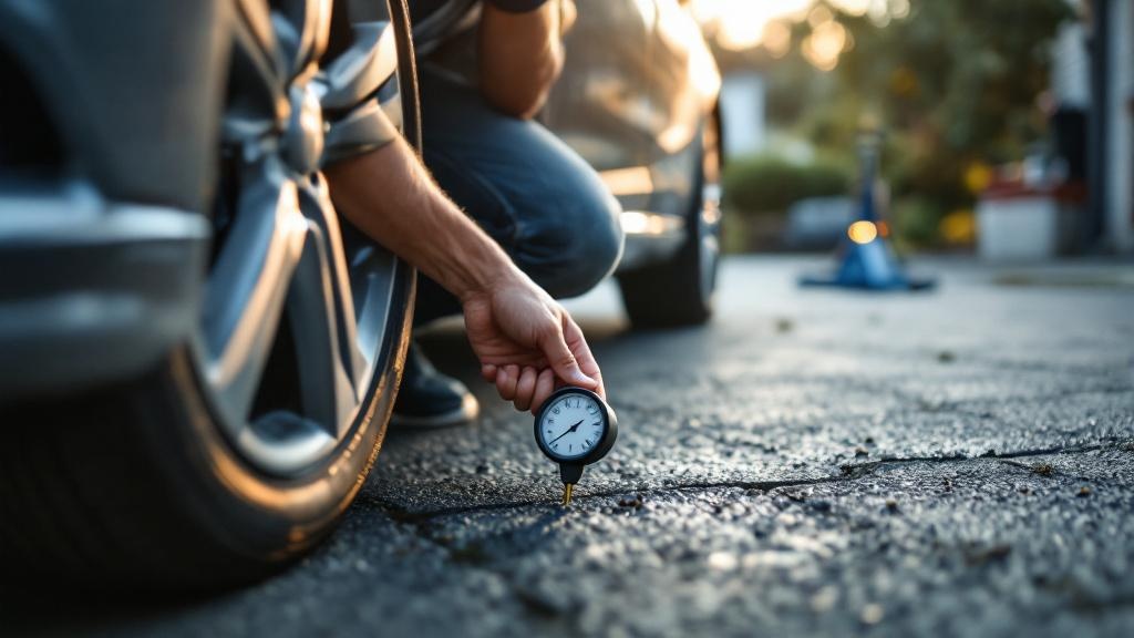 Low-angle view of a driver crouching to check tire pressure with a gauge, with tools softly blurred in the background on a driveway.
